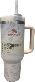 Stainless Steel Vacuum Insulated Tumbler With Lid And Straw For Water, 40 Oz Tumbler With Handle Stainless Steel 304 Car Cup Water Cup Vacuum Insulati (Color: White quartz powder pattern)